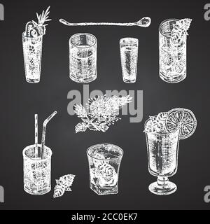 Set hand drawn sketch glasses for alcoholic drink Vodka, whiskey, wine Vintage design bar, restaurant, cafe menu Chalkboard background. Creative Stock Vector
