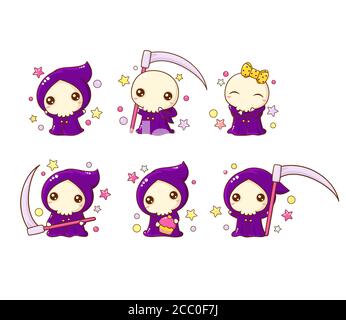 Halloween collection. Set of kawaii little grim reaper. Cute death with scythe in various poses, with cupcake, funny bow on skull. Vector EPS8 Stock Vector