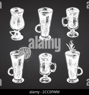 Set hand drawn sketch glasses for christmas alcoholic drink. Mulled wine Vintage design bar, restaurant, cafe menu Chalkboard background Creative Stock Vector