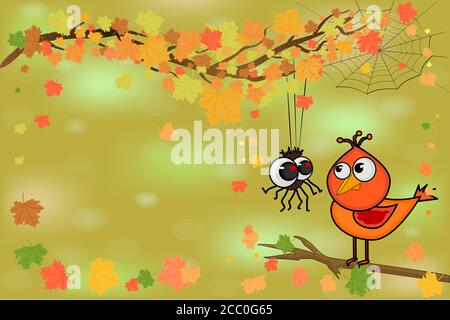 Cute bird and spider on tree branch. Spider and bird look at each other on autumn background. Happy Halloween. Vector in cartoon style with copy space Stock Vector