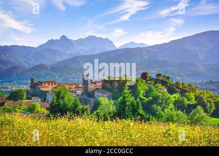 Castiglione della Garfagnana medieval village and Alpi Apuane mountains. Tuscany, Italy Europe Stock Photo