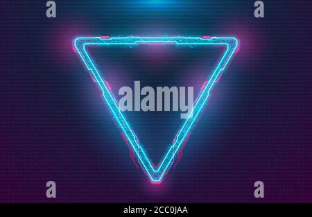 Futuristic illuminated cyberpunk hologram Triangle.Modern Triangle with blue hud neon effect and pink printed circuit board on digital background Stock Vector