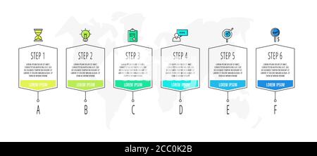 Vector infographics with 6 steps, labels. Line template. Used for diagram, business, web, presentations, flowchart, info graph, timeline, content Stock Vector