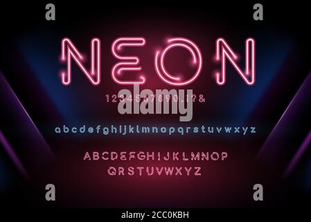 Glowing neon light alphabet font set with lowercase uppercase and numbers on dark night party theme background Stock Vector