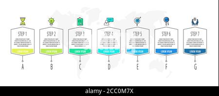 Vector infographics with 7 steps, labels. Line template. Used for diagram, flowchart, info graph, timeline, content, levels, chart, processes diagram. Stock Vector