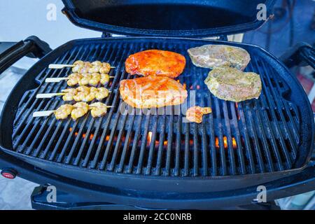 Grilling Steaks on a Gas Grill in Lower Bavaria Germany Stock Photo