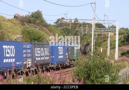 Container train from Daventry to Mossend passing Tebay and starting the climb to Shap Summit on the WCML in Cumbria on Saturday 15th August 2020. Stock Photo