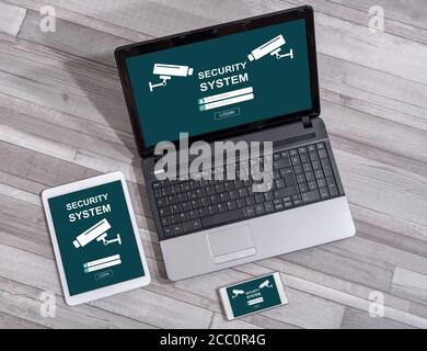 Security system concept shown on different information technology devices Stock Photo