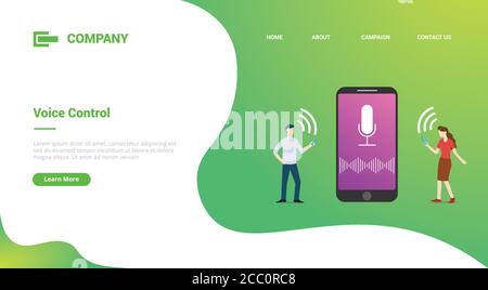 voice control technology concept with smartphone and people for website template or landing homepage template banner Stock Vector