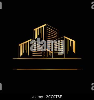 Abstract and luxury design building with gold color on the black background. Illustration design building in Flat style sign symbol. Stock Vector