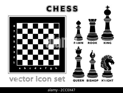 Chess and board icons set, chessmen banner, silhouette, flat black and white drawing. Piece pawn, king, queen, bishop, knight, rook, with figure names Stock Vector