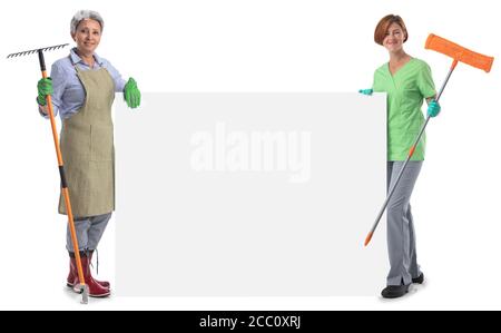 Gardener and cleaner woman with tools holding big blank banner isolated on white background Stock Photo