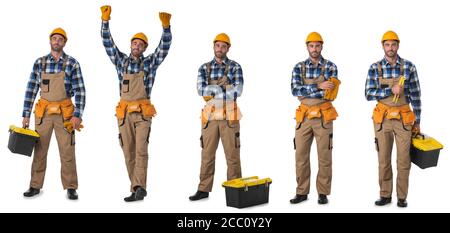 Set of images of manual worker with tools with different expressions isolated over white background Stock Photo