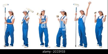 Set of images of house painter woman isolated on white background Stock Photo