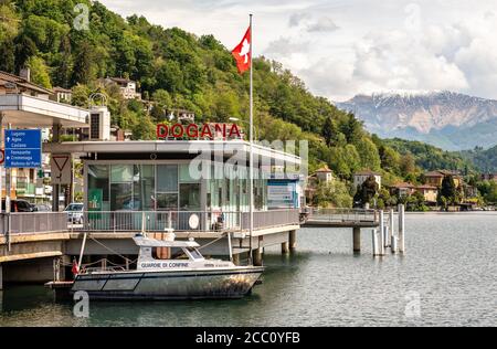 Lavena Ponte Tresa, Italy - May 3, 2019: Border Checkpoint between Italy and Switzerland on lake Lugano in Lavena Ponte Tresa, Italy Stock Photo