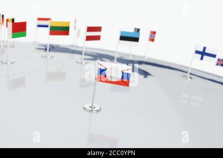 Coronavirus medical surgical face mask on the Russian national flag. Illness, pandemic, virus covid-19 in Russia, concept 3d rendering illustration Stock Photo