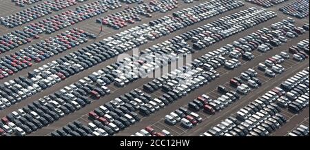 A panoramic shot of a busy car park in Royal Portbury Docks, near Bristol in England