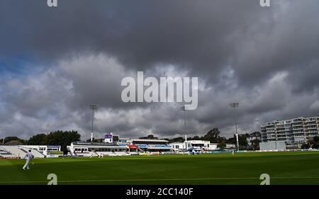 Hove UK 17th August 2020 - Dark clouds loom in the background as Sussex take on Essex  on the 3rd day of the Bob Willis Trophy cricket match taking place behind closed doors with no fans attending at The 1st Central County Ground in Hove : Credit Simon Dack / Alamy Live News Stock Photo