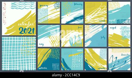 Hand drawn abstract vector 2021 calendar template design. Stock Vector
