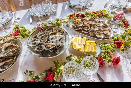 France, oysters on a christmas table Stock Photo