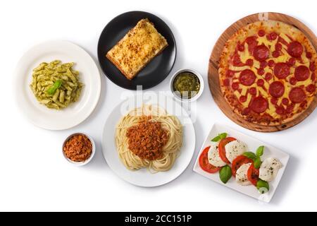 Assortment of Italian pasta dishes isolated on white background Stock Photo