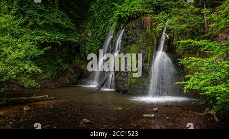 Waterfalls in The Fairy Glen on the Black Isle in the Highlands of Scotland, the glen is a nature reserve located near the village of Rosemarkie. Stock Photo