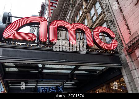 New York, United States. 16th Aug, 2020. General view of AMC movie theater on 42nd street planned to be open on August 20. In order to commemorate its centennial AMC is offering moview in 2020 at 1920 prices on opening day. That is 15 cents a ticket. AMC closed all of its theaters in the US in March as the pandemic took hold. (Photo by Lev Radin/Pacific Press) Credit: Pacific Press Media Production Corp./Alamy Live News Stock Photo