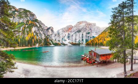Marvelous scenery of famous alpine lake Braies at autumn. Location:  national park Fanes-Sennes-Braies, region Trentino-Alto Adige , province Bolzano, Stock Photo