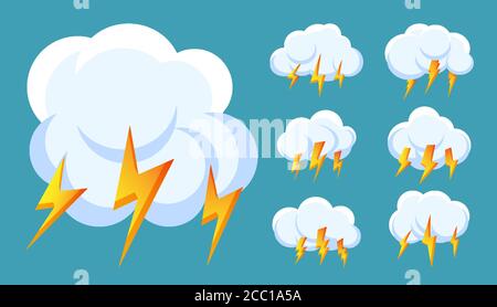 Lightning bolt thunderstorm cloud icons set. Design symbol weather for web or app. Different fast shiny shock flash sign. Sign logo storm, thunder and lightnings strike. Isolated vector illustration Stock Vector