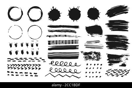 Set of ink brush strokes, splashes and drops. Hand drawn doodle elements dot, dabs, wavy line. Abstract coffee circles of paint. Stains grunge splatter textures. Vector brushes Isolated illustration Stock Vector