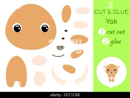 Cut and glue baby yak. Education developing worksheet. Color paper game for preschool children. Cut parts of image and glue on paper. Stock Vector