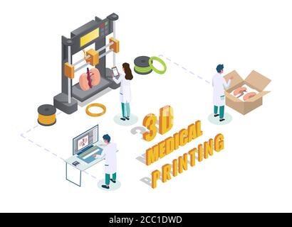 3D medical printing process, vector flat isometric illustration Stock Vector