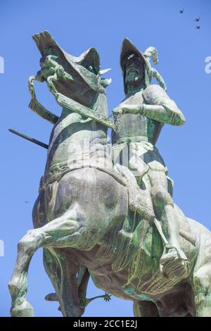Equestrian statue of Francisco Pizarro at Plaza Mayor of Trujillo, Spain. Sculpted by Charles Cary Rumsey in 1928 Stock Photo