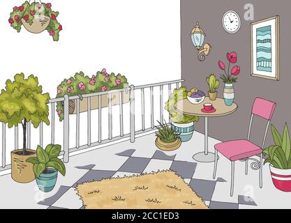 Balcony garden graphic color interior sketch illustration vector Stock Vector