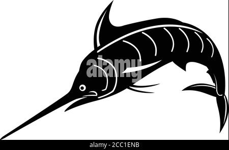 Retro woodcut style illustration of an Atlantic blue marlin, a species of marlin endemic to the Atlantic Ocean, jumping upward done in black and white Stock Vector