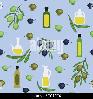 Greek Style bottles, jars, olive branches on blue background Stock Vector