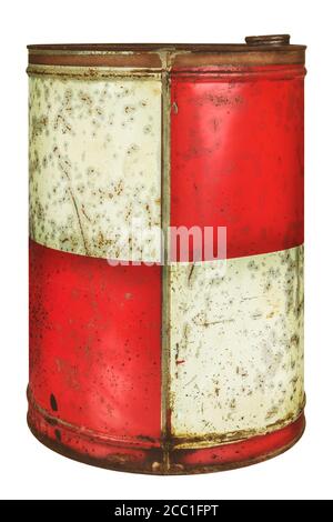 Vintage rusty red with white oil barrel isolated on a white background Stock Photo
