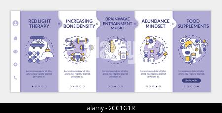 Biohacking tips onboarding vector template. Red light therapy, brainwave music, sport and abundance mindset. Responsive mobile website with icons. Web Stock Vector