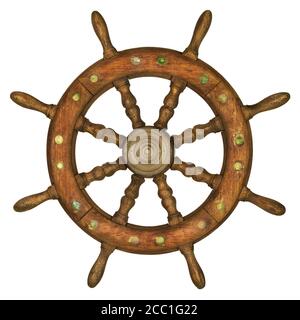 Vintage wooden ship steering wheel isolated on a white background Stock Photo