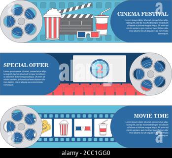 Cinema festival horizontal banners. Vector set of movie cinema banners. poster design template in flat style Stock Vector