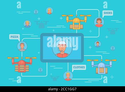 Drone delivery concept vector illustration. Cartoon man character ...