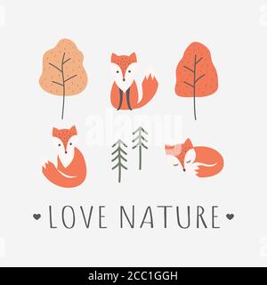 Red foxes with love nature slogan t-shirt design. T-shirt colorful template with cute fox cartoon character, trees and pine, and text lettering, autum Stock Vector