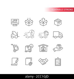 Fulfilment thin line icons. Delivery service icon set. Truck, warehouse, storage and box or parcel package outline symbols, editable stroke. Stock Vector