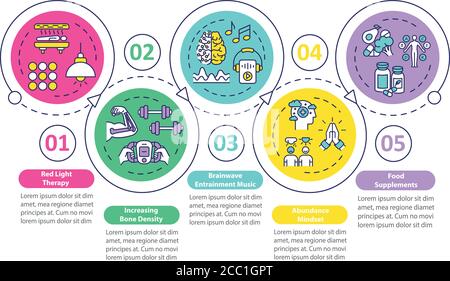 Biohacking tips vector infographic template. Health advancement presentation design elements. Data visualization with five steps. Process timeline cha Stock Vector
