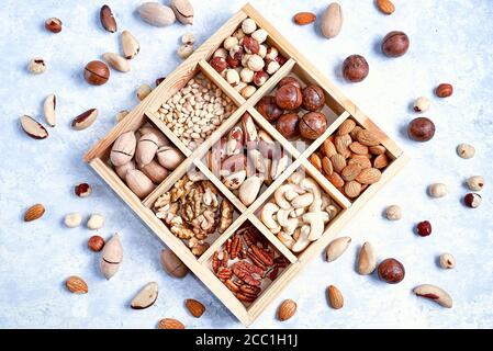 Assortment of nuts in a wooden box, on a blue background. pecans, hazelnuts, almonds, pine nuts, brazil nut, cashews, Top view, flat lay. Stock Photo