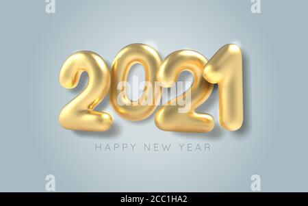 3D Realistic golden inscription balloon 2021 on blue background. Golden metallic text new year for banner design. Vector Stock Vector