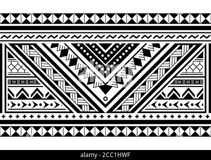 Polynesian geometric seamless vector long horizontal pattern, Hawaiian tribal design inspired by Maori tattoo art Stock Vector