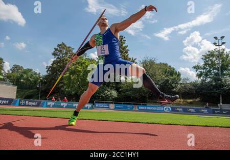 Leverkusen, Deutschland. 16th Aug, 2020. Johannes VETTER (LG Offenburg) action. Javelin throwing of men, athletics #True Athletes Classics, on August 16, 2020 in Leverkusen/Germany Â | usage worldwide Credit: dpa/Alamy Live News Stock Photo