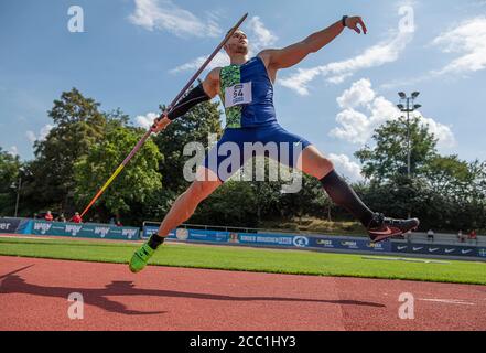 Leverkusen, Deutschland. 16th Aug, 2020. Johannes VETTER (LG Offenburg) action. Javelin throwing of men, athletics #True Athletes Classics, on August 16, 2020 in Leverkusen/Germany Â | usage worldwide Credit: dpa/Alamy Live News Stock Photo