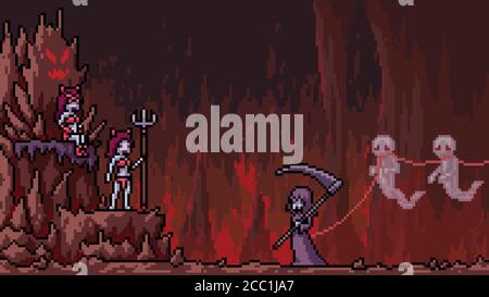 pixel art scene hell demon reaper Stock Vector